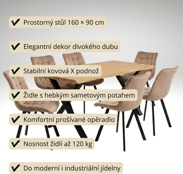 Vikio Jídelní set pro 6 osob 160x90 cm dub noha X béžová židle VJS236-6BE-S