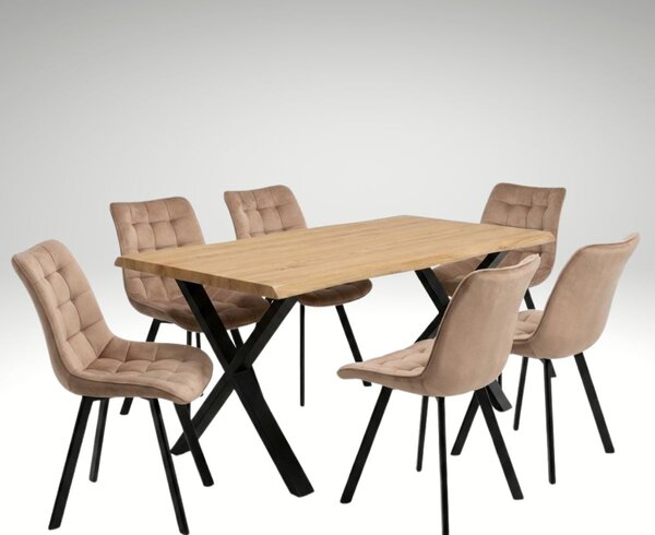 Vikio Jídelní set pro 6 osob 160x90 cm dub noha X béžová židle VJS236-6BE-S