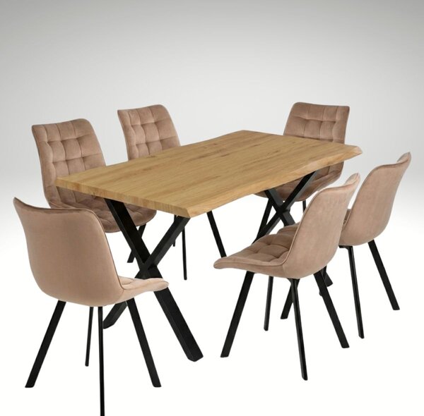 Vikio Jídelní set pro 6 osob 160x90 cm dub noha X béžová židle VJS236-6BE-S