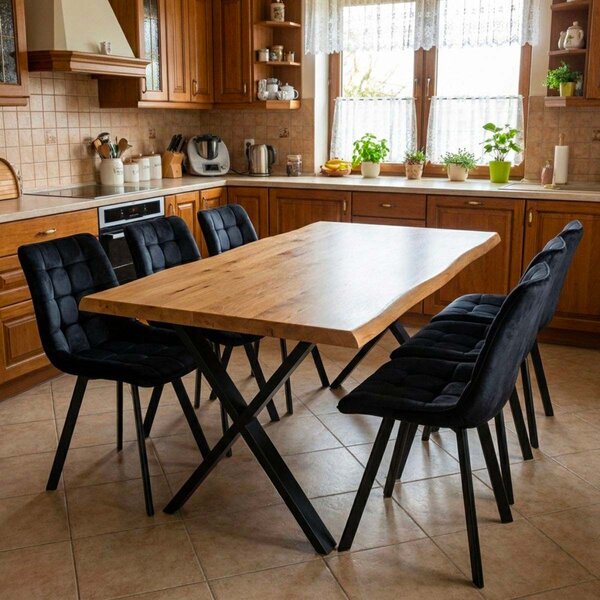 Vikio Jídelní set pro 6 osob 180x90 cm soft dub noha X černá židle VJS238-6C-S