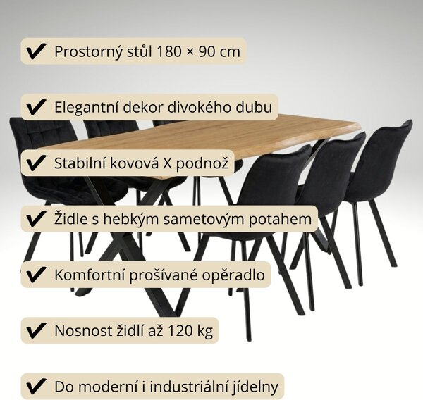 Vikio Jídelní set pro 6 osob 180x90 cm soft dub noha X černá židle VJS238-6C-S
