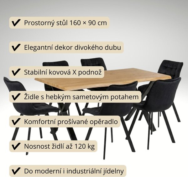 Vikio Jídelní set pro 6 osob 160x90 cm dub noha X černá židle VJS236-6C-S