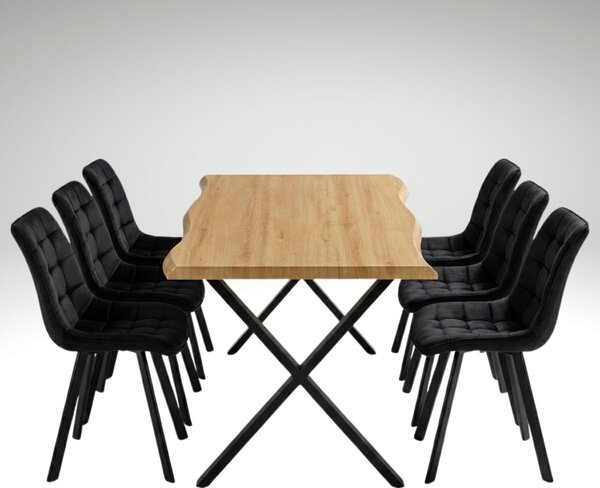 Vikio Jídelní set pro 6 osob 180x90 cm soft dub noha X černá židle VJS238-6C-S