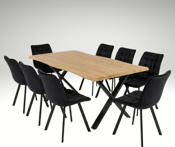 Vikio Jídelní set pro 8 osob 180x90 cm soft dub noha X černá židle VJS238-8C-S