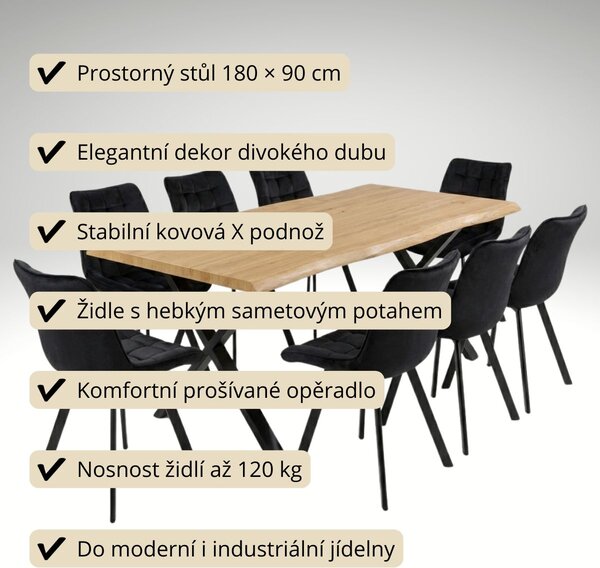 Vikio Jídelní set pro 8 osob 180x90 cm soft dub noha X černá židle VJS238-8C-S