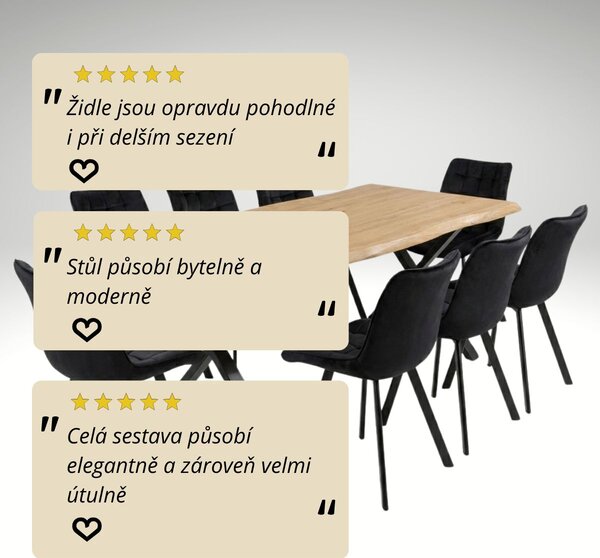 Vikio Jídelní set pro 8 osob 180x90 cm soft dub noha X černá židle VJS238-8C-S