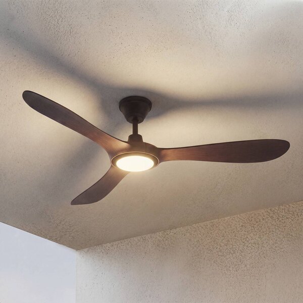Lucande Venkovní stropní ventilátor LED Winrod, tmavé dřevo, stmívatelné, stmívatelný, Tmavé dřevo, Plast, Moderní