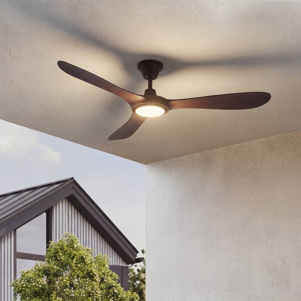 Lucande Venkovní stropní ventilátor LED Winrod, tmavé dřevo, stmívatelné, stmívatelný, Tmavé dřevo, Plast, Moderní