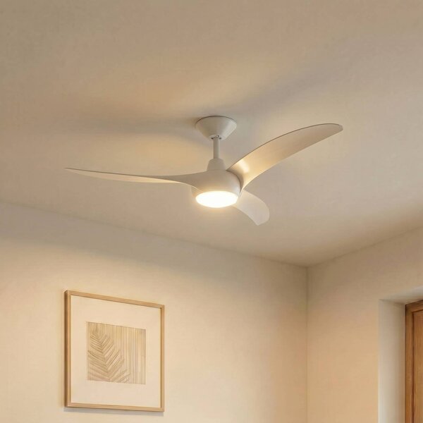 Lindby Stropní ventilátor Briya s LED osvětlením, bílý, Ø 116 cm,, stmívatelný, Bílá / opál, Obývací pokoj / jídelna, Plast, Moderní