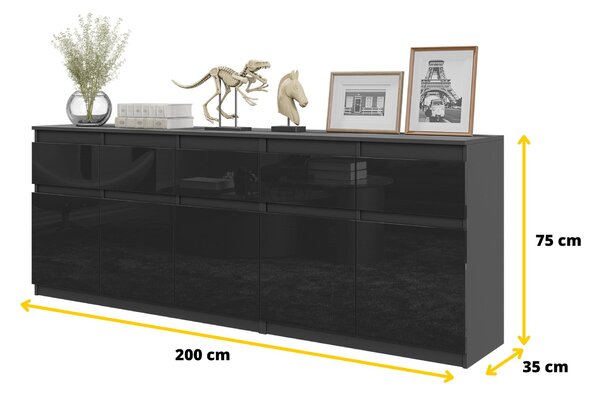 Komoda NOAH Antracit / Černý Lesk – Velká Komoda do Ložnice s 5 Zásuvkami a 5 Dvířky, Set Komod Š200 x V75 x H35 cm