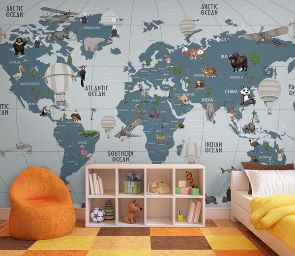 Fototapeta Mapa světa se zvířaty, Dětské fototapety, Populární fototapety, u72588 - Tapeko.co.cz
