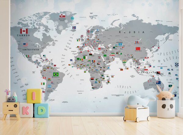 Fototapeta Mapa světa s vlajkami, Dětské fototapety, Populární fototapety, u72599 - Tapeko.co.cz
