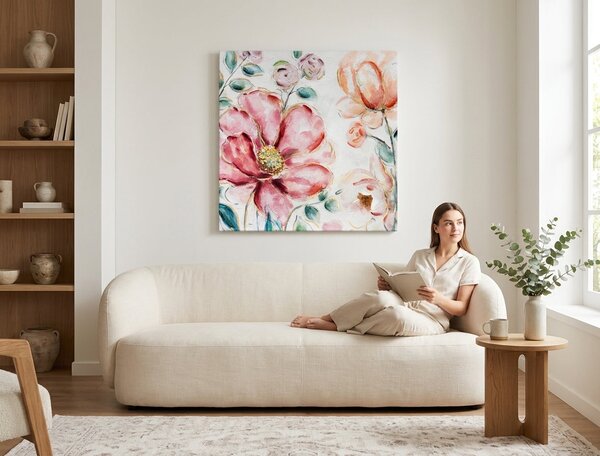 Malovaný obraz na stěnu KVĚTINY 1dílný 70x70 cm - 70×70 cm / Premium 4 cm