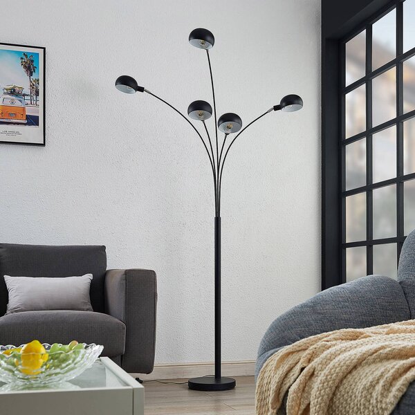 Lindby Stojací lampa Jewa, černá, kov, 5 světel, E14, Černá, Obývací pokoj / jídelna, kov, Moderní, oblouková lampa