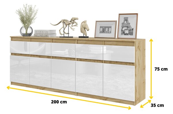 Komoda NOAH Dub Wotan / Bílý Lesk – Velká Komoda do Ložnice s 5 Zásuvkami a 5 Dvířky, Set Komod Š200 x V75 x H35 cm