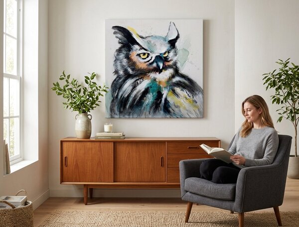 Malovaný obraz na stěnu Sova 1 díl 60x60 cm - 60×60 cm / Klasický 2 cm