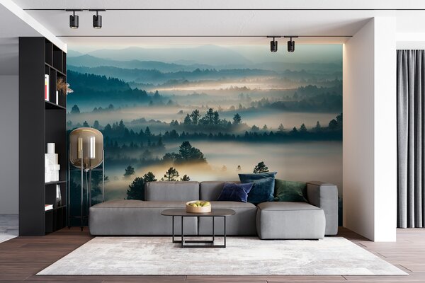 Fototapeta Mlžná krajina se stromy a horami, Designové fototapety na zeď, Populární fototapety, u73865 - Tapeko.co.cz