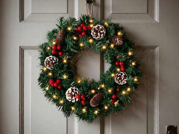 Adventní věnec na dveře COSY GLOW 50 cm s LED osvětlením
