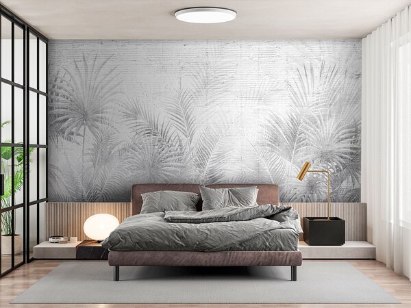 Fototapeta Bílé a šedé pozadí s palmovými listy, Designové fototapety na zeď, Populární fototapety, u74401 - Tapeko.co.cz