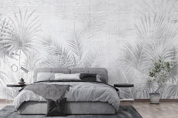 Fototapeta Bílé a šedé pozadí s palmovými listy, Designové fototapety na zeď, Populární fototapety, u74401 - Tapeko.co.cz