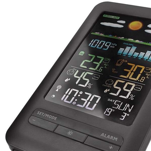 SOLIGHT Meteostanice, barevný LCD, vnitřní, venkovní teplota a vlhkost, tlak, RCC, černá