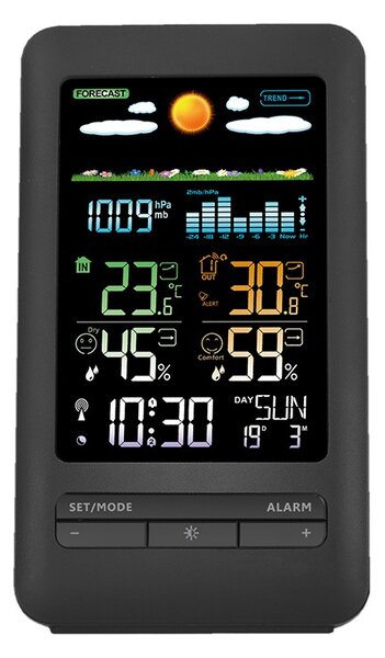 SOLIGHT Meteostanice, barevný LCD, vnitřní, venkovní teplota a vlhkost, tlak, RCC, černá