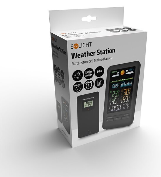 SOLIGHT Meteostanice, barevný LCD, vnitřní, venkovní teplota a vlhkost, tlak, RCC, černá