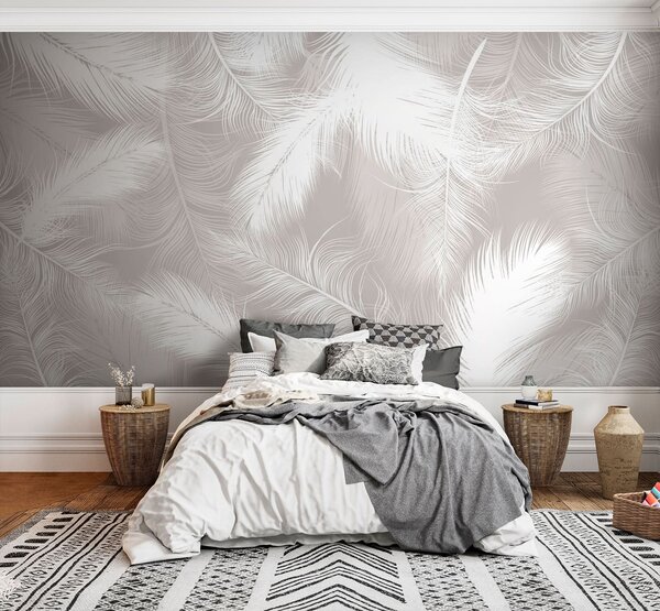 Fototapeta Bílé peří na šedém pozadí, Designové fototapety na zeď, Populární fototapety, u74474 - Tapeko.co.cz