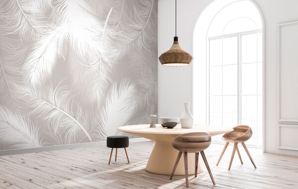 Fototapeta Bílé peří na šedém pozadí, Designové fototapety na zeď, Populární fototapety, u74474 - Tapeko.co.cz