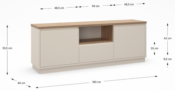 Marckeric Krémový lakovaný TV stolek Loreta 160 x 40 cm s dubovým dekorem
