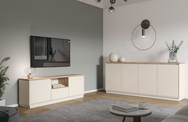 Marckeric Krémový lakovaný TV stolek Loreta 160 x 40 cm s dubovým dekorem