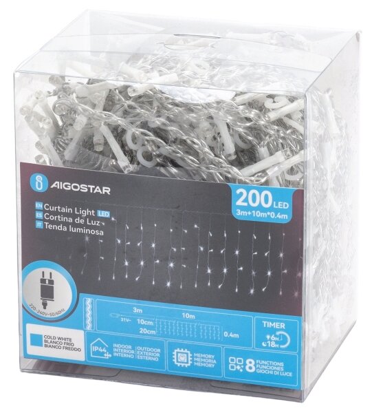 Aigostar - LED Ven. ván. řetěz 200xLED/3,6W/230V/8 funkcí 10x0,4m IP44 stud bílá