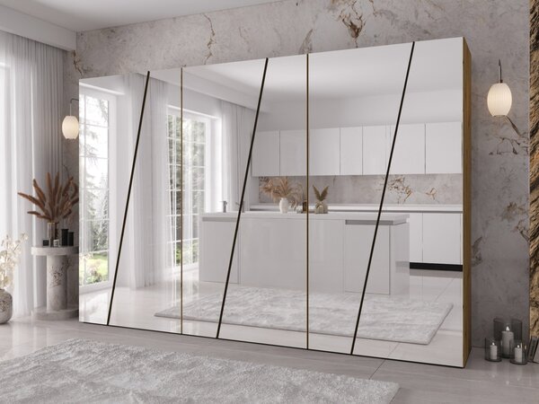 Šatní skříň se zrcadlem Grelipt 6L 300 cm, Barva: kašmír / kašmír + černá 5903211528958