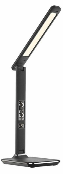 Solight LED stolní lampička s displejem, 9W, volba teploty světla, kůže, černá WO45-B