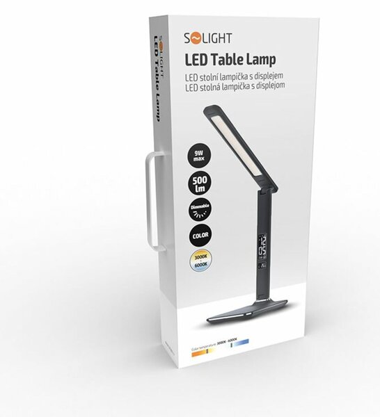 Solight LED stolní lampička s displejem, 9W, volba teploty světla, kůže, černá WO45-B