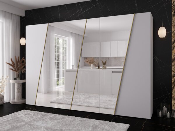 Moderní skříň se zrcadlem Grelipt 4L 300 cm, Barva: kašmír / kašmír + zlatá 5903211532436