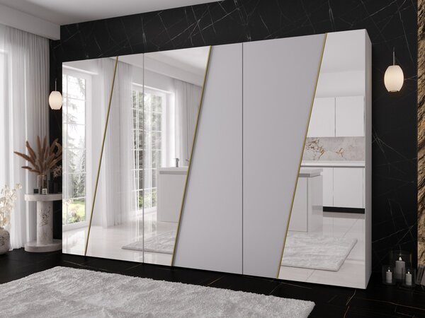 Moderní skříň se zrcadlem Grelipt 4L 300 cm, Barva: kašmír / kašmír + zlatá 5903211532436