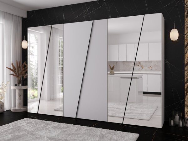 Moderní skříň se zrcadlem Grelipt 4L 300 cm, Barva: kašmír / kašmír + zlatá 5903211532436