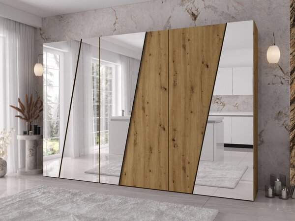 Moderní skříň se zrcadlem Grelipt 4L 300 cm, Barva: kašmír / kašmír + zlatá 5903211532436