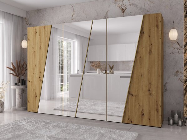 Moderní skříň se zrcadlem Grelipt 4L 300 cm, Barva: kašmír / kašmír + zlatá 5903211532436