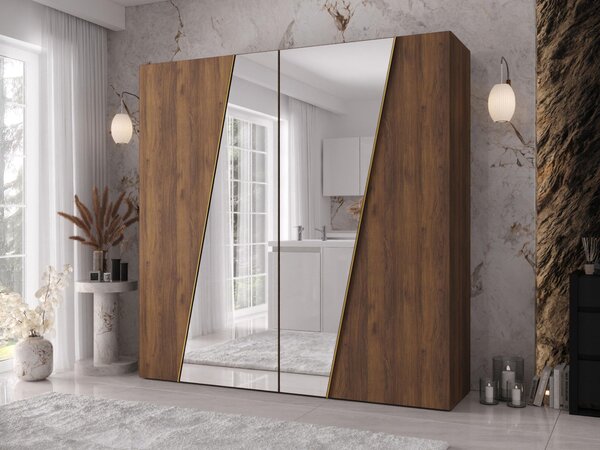 Šatní skříň se zrcadlem Grelipt 2L 200 cm, Barva: kašmír / kašmír + zlatá 5903211528644