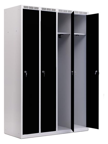 Kovová šatní skříň Trestles SS4M 1800x1173x500 mm, 4 oddíly, černé dveře Typ zámku: cylindrický, Podnož: nožky