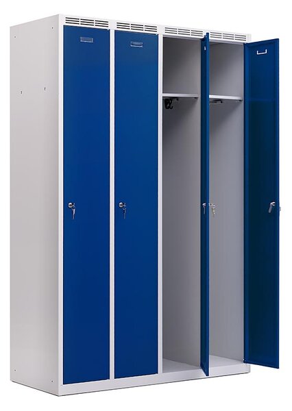 Kovová šatní skříň Trestles SS4M 1800x1173x500 mm, 4 oddíly, modré dveře Typ zámku: cylindrický, Podnož: nožky