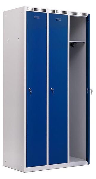 Kovová šatní skříň Trestles SS3M 1800x886x500 mm, 3 oddíly, modré dveře Typ zámku: cylindrický, Podnož: nožky