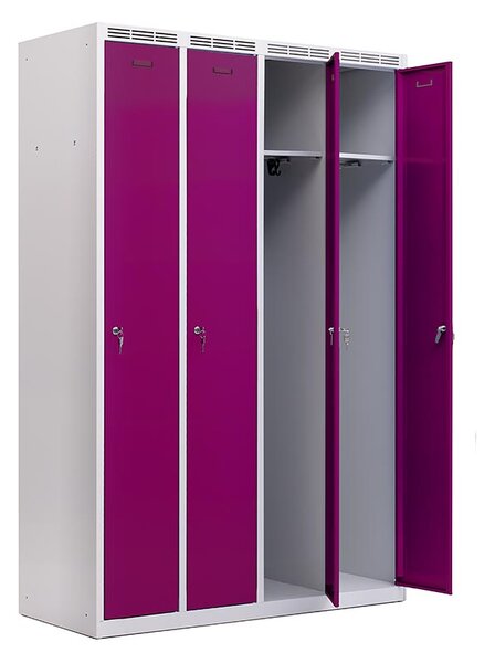 Kovová šatní skříň Trestles SS4M 1800x1173x500 mm, 4 oddíly, fialové dveře Typ zámku: cylindrický, Podnož: nožky