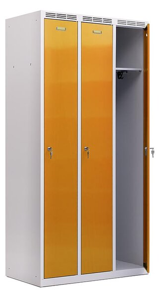 Kovová šatní skříň Trestles SS3M 1800x886x500 mm, 3 oddíly, žluté dveře Typ zámku: cylindrický, Podnož: nožky
