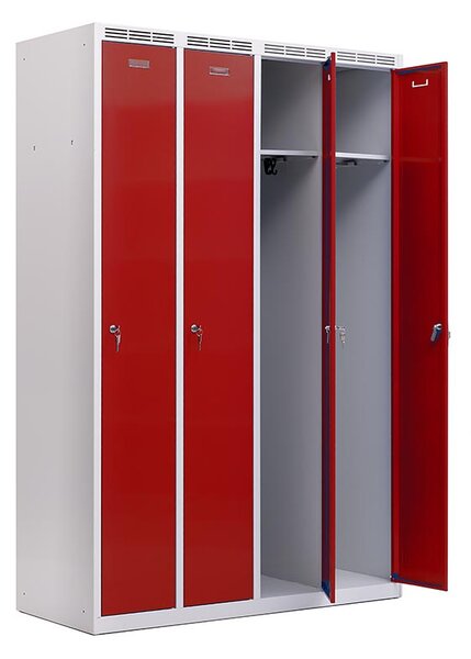Kovová šatní skříň Trestles SS4M 1800x1173x500 mm, 4 oddíly, červené dveře Typ zámku: cylindrický, Podnož: nožky