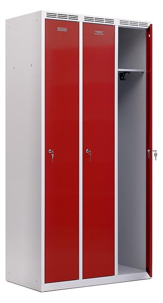 Kovová šatní skříň Trestles SS3M 1800x886x500 mm, 3 oddíly, červené dveře Typ zámku: cylindrický, Podnož: nožky