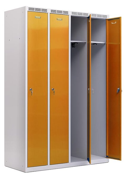 Kovová šatní skříň Trestles SS4M 1800x1173x500 mm, 4 oddíly, žluté dveře Typ zámku: cylindrický, Podnož: nožky