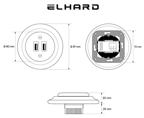 Elhard Kulatá keramická USB zásuvka, černá KV2032B